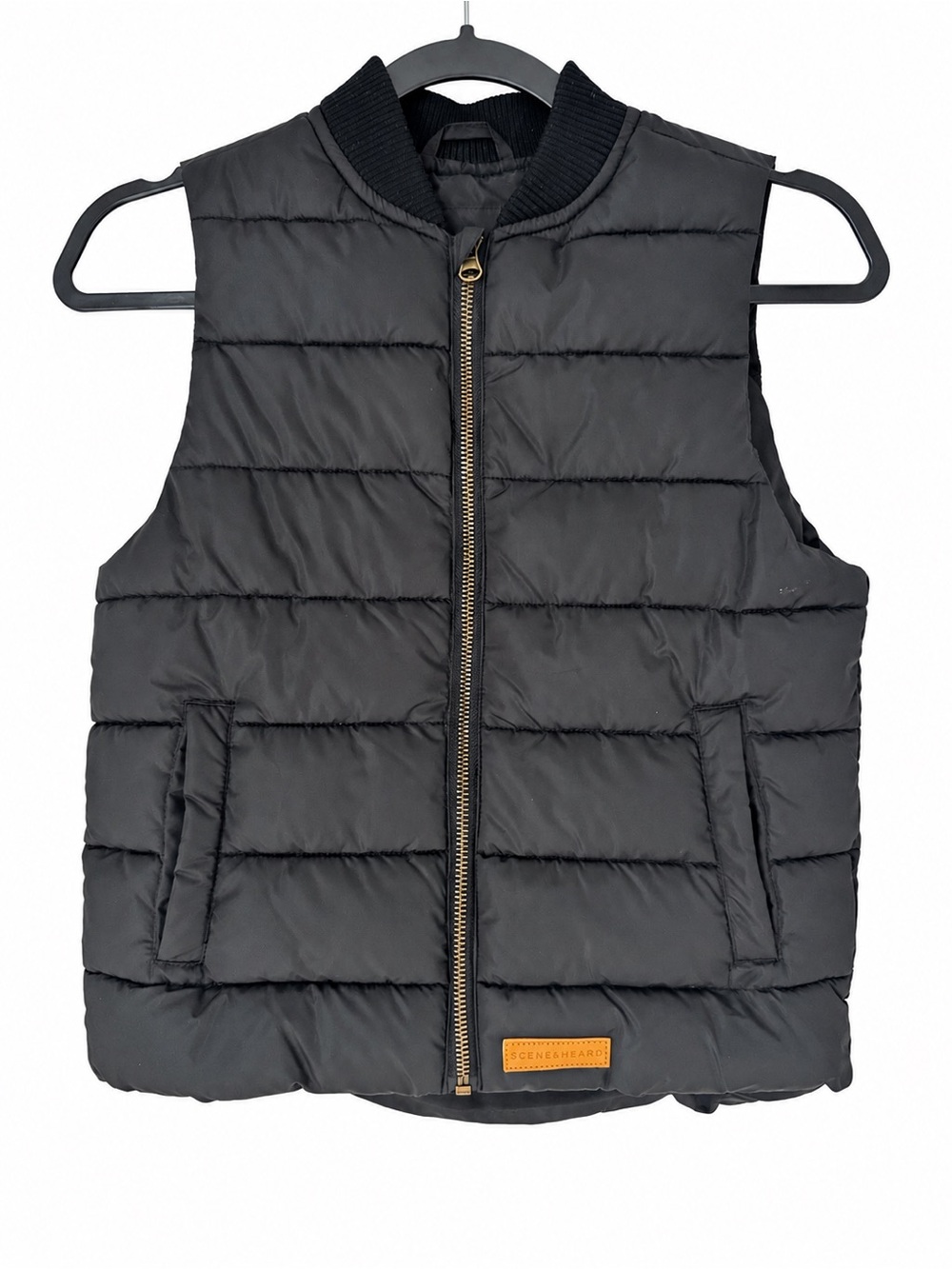 Scene & Heard Black Puffer Vest Gold Zip Quilted Unisex Size 8